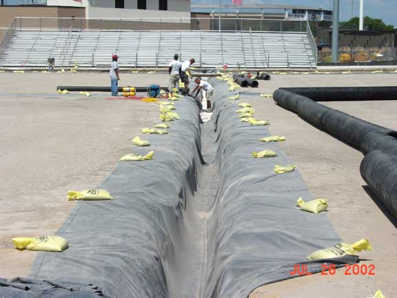 Drainage Layer was installed at the Texas A & M Soccer Field, College Station, Texas, using Draincore2.